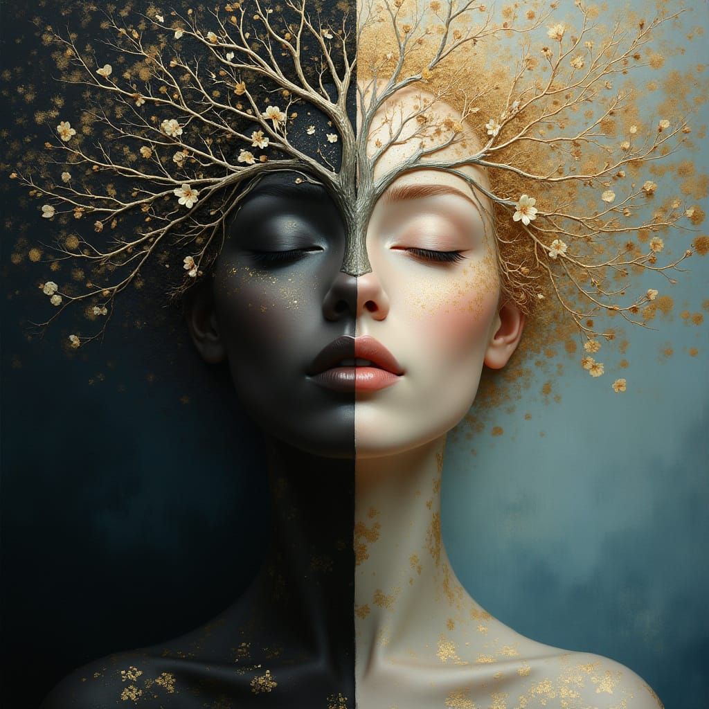 Elegant Woman Amidst Tree of Life in Contrasting Light