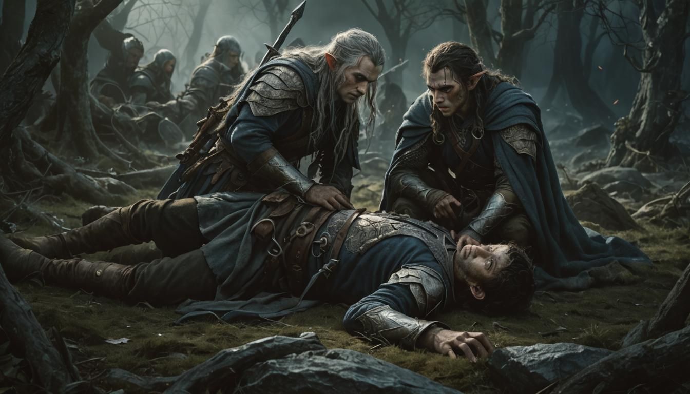 Elf Warriors Tend to Wounded Comrade