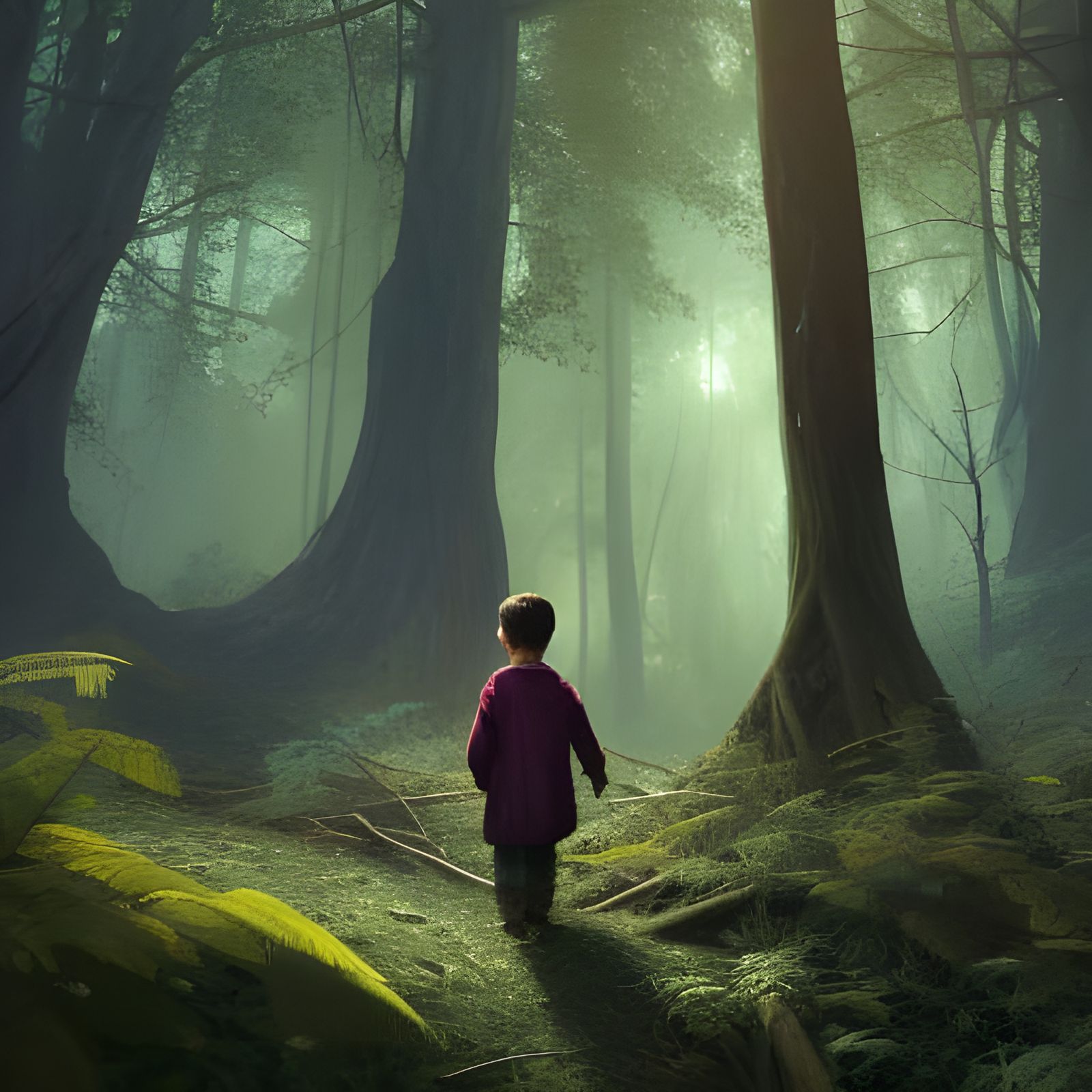 Lost Boy in Dark Fantasy Forest, Detailed Digital Art