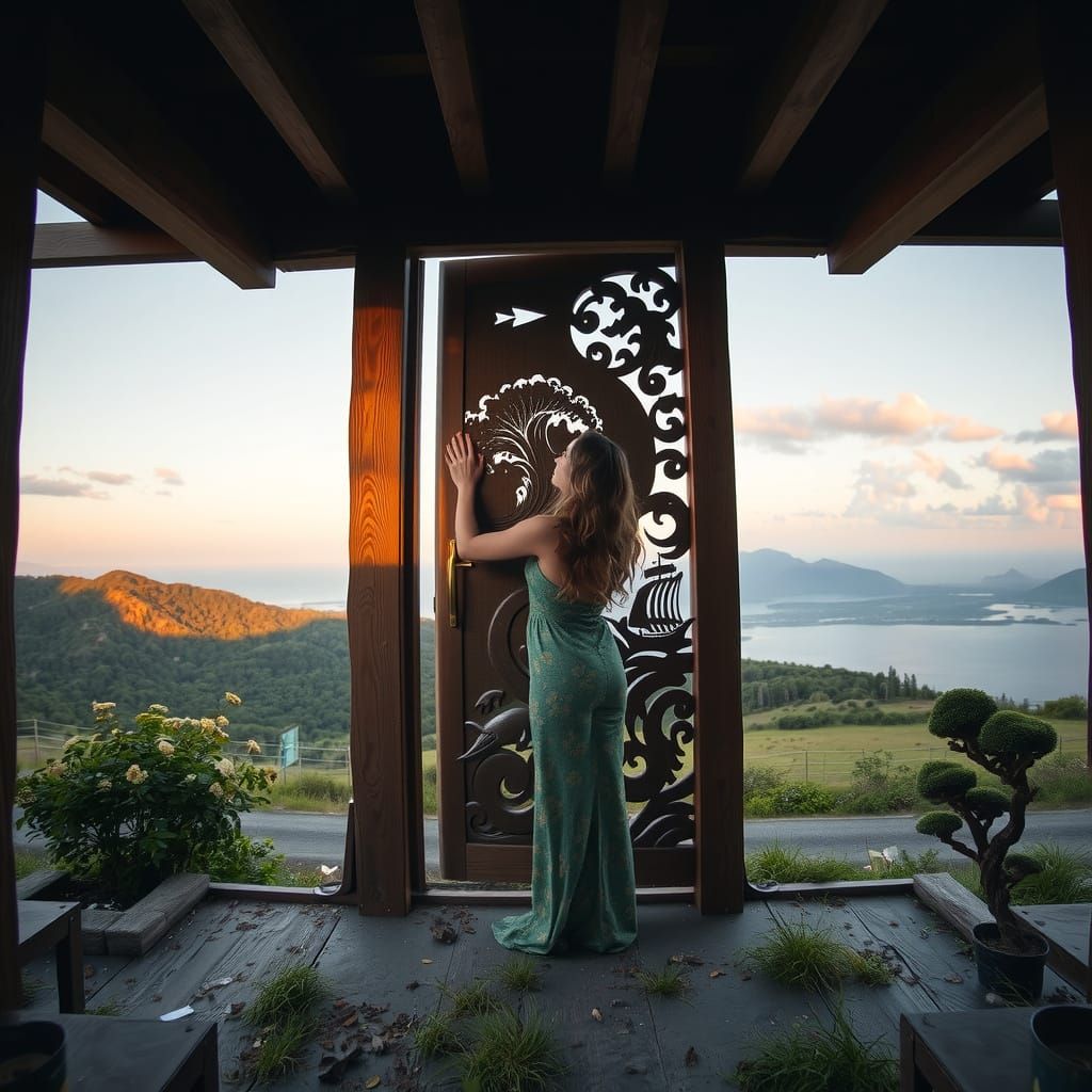 Woman Builds Ornate Doorframe with Glowing Details