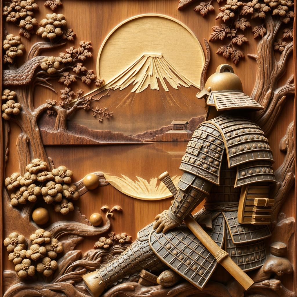 Samurai Meditating Near Mt. Fuji in Wood Relief