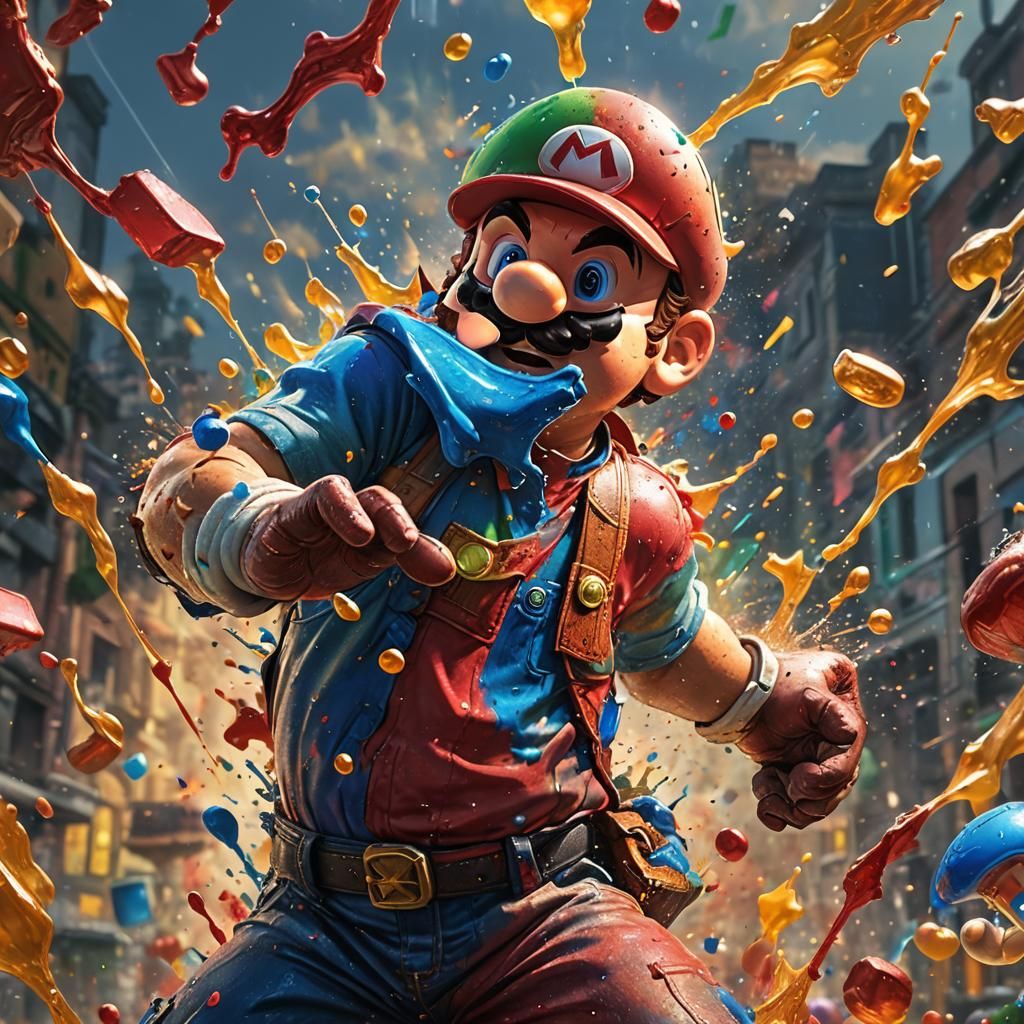 Hyperrealistic Mario Dabbing in Splash Art Style