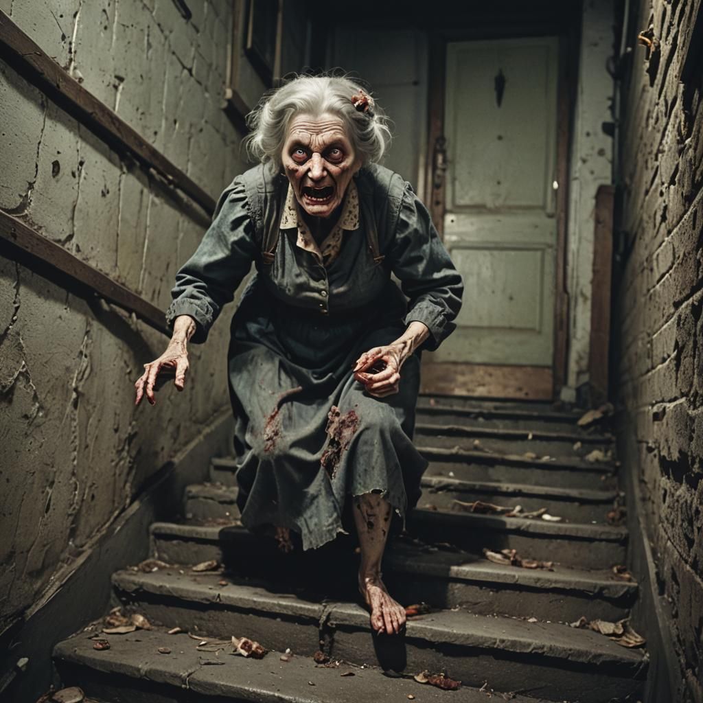unhinged old Bavarian woman zombie eating rat surprised caug...