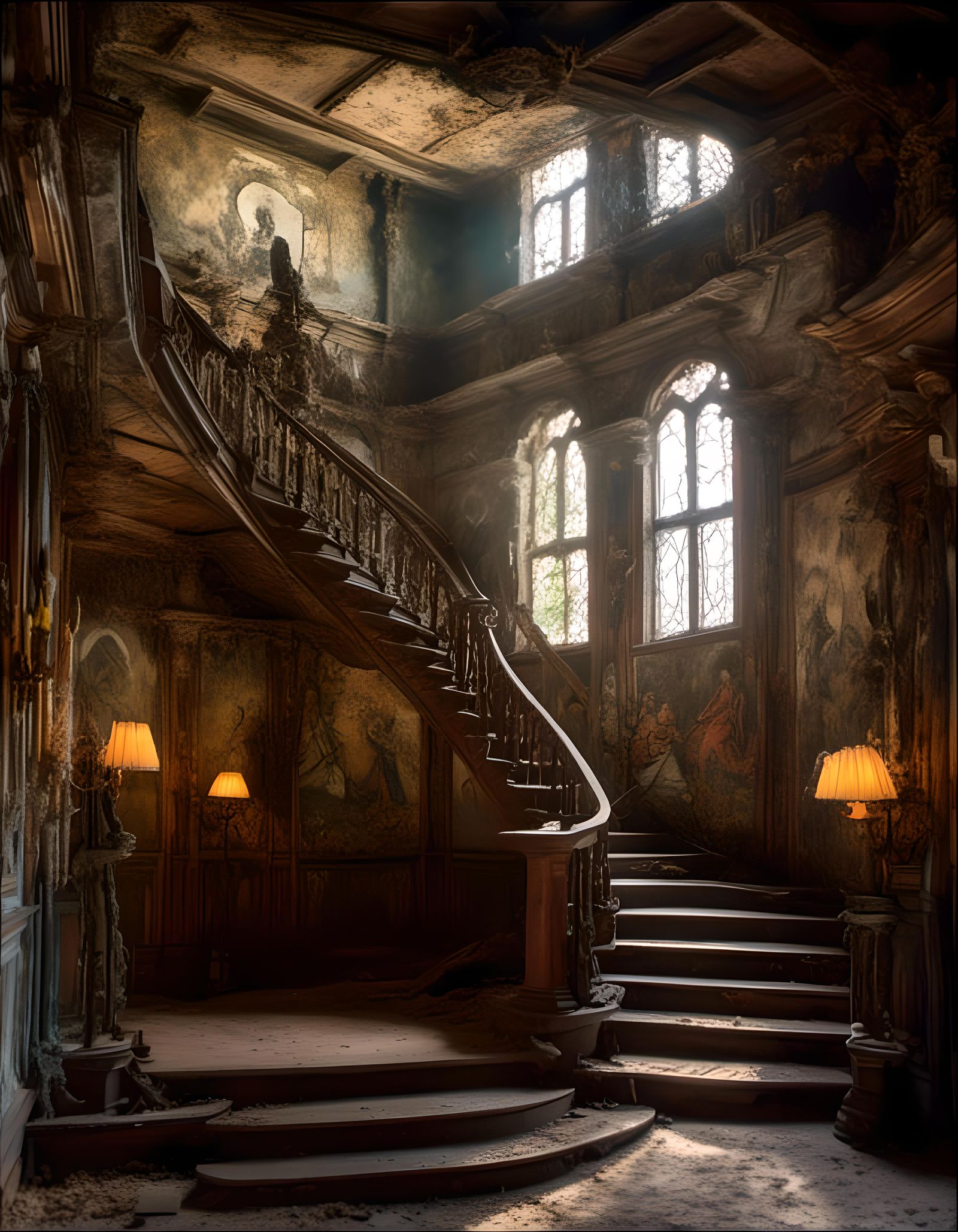 Opulent Staircase in Decaying Mansion