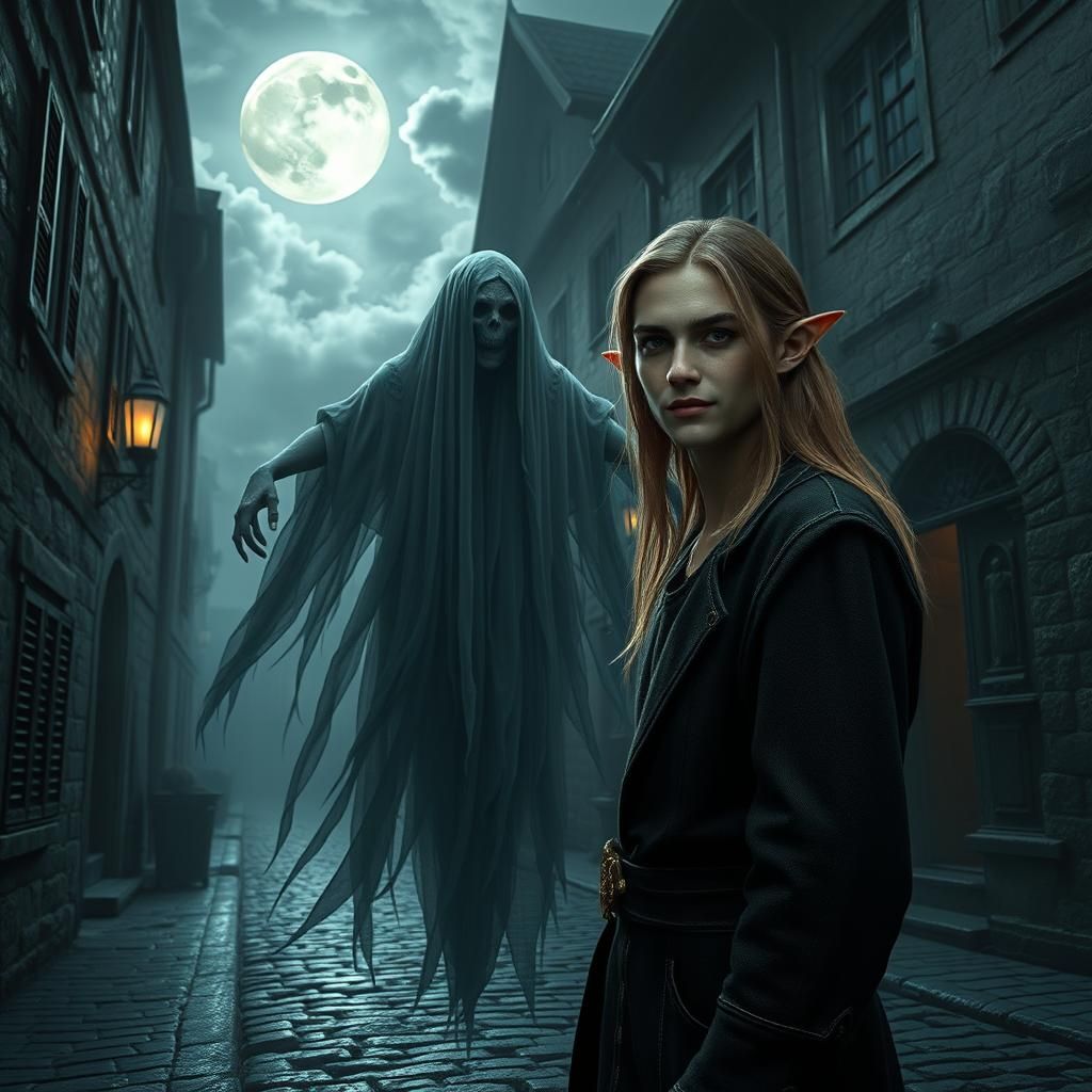 Moonlit Tabaxi Wraith with Elf in Dark Fantasy