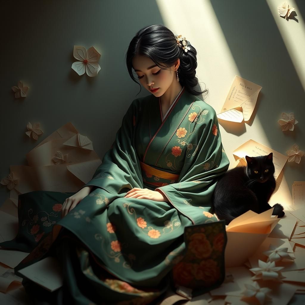 Lady in Green Kimono with Black Cat