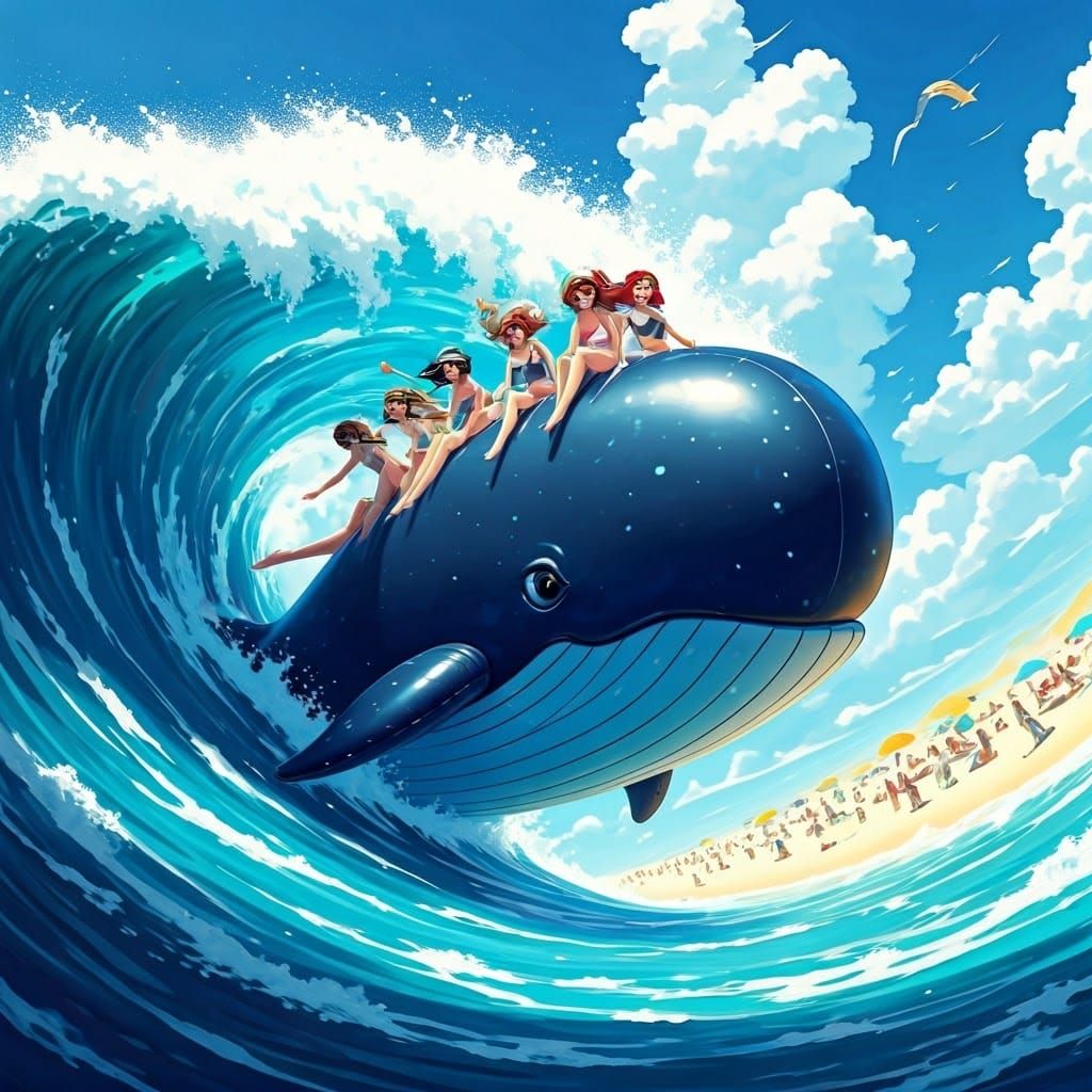 Giant Inflatable Whale Rides Wave in Anime Style