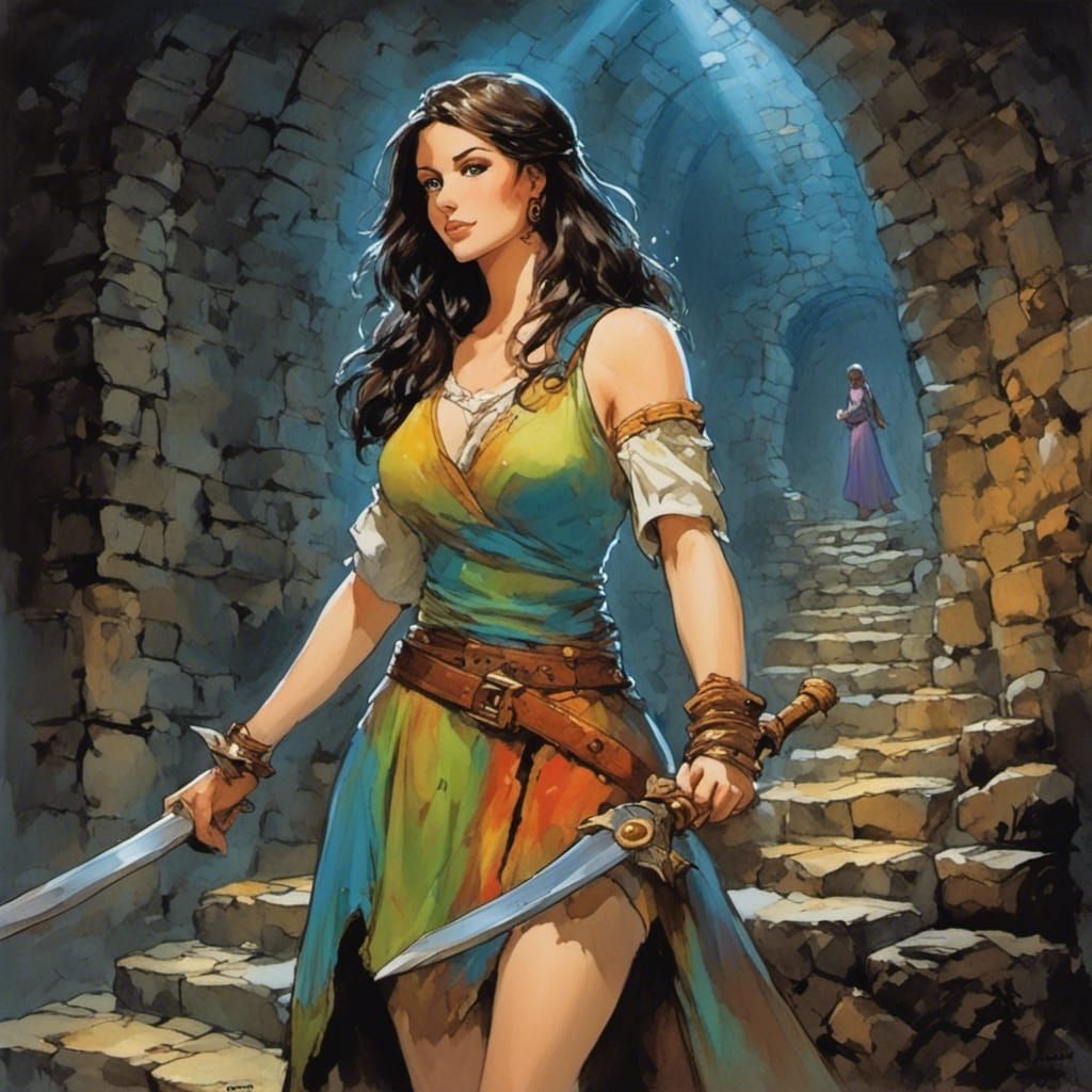 Fantasy Brunette in Dungeon, Oil Painting