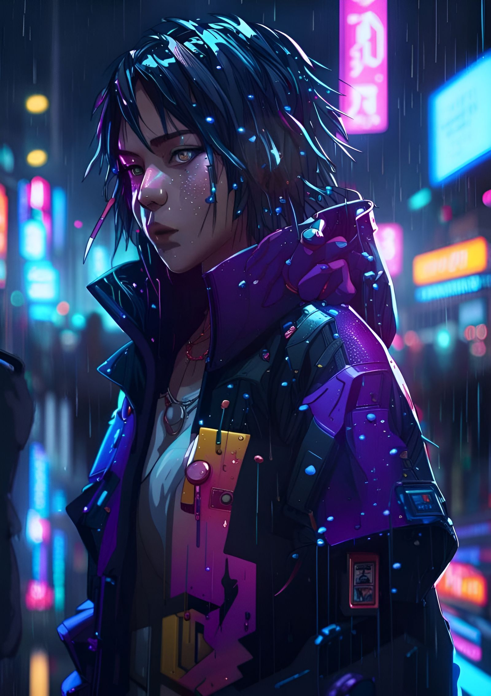 Rainy Cyberpunk Tokyo Night in Anime Style
