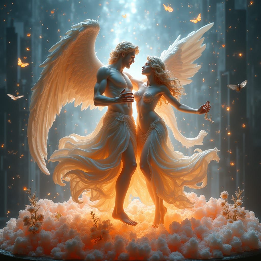 Hyper-Realistic God and Angel Sculpture in Luminescent City