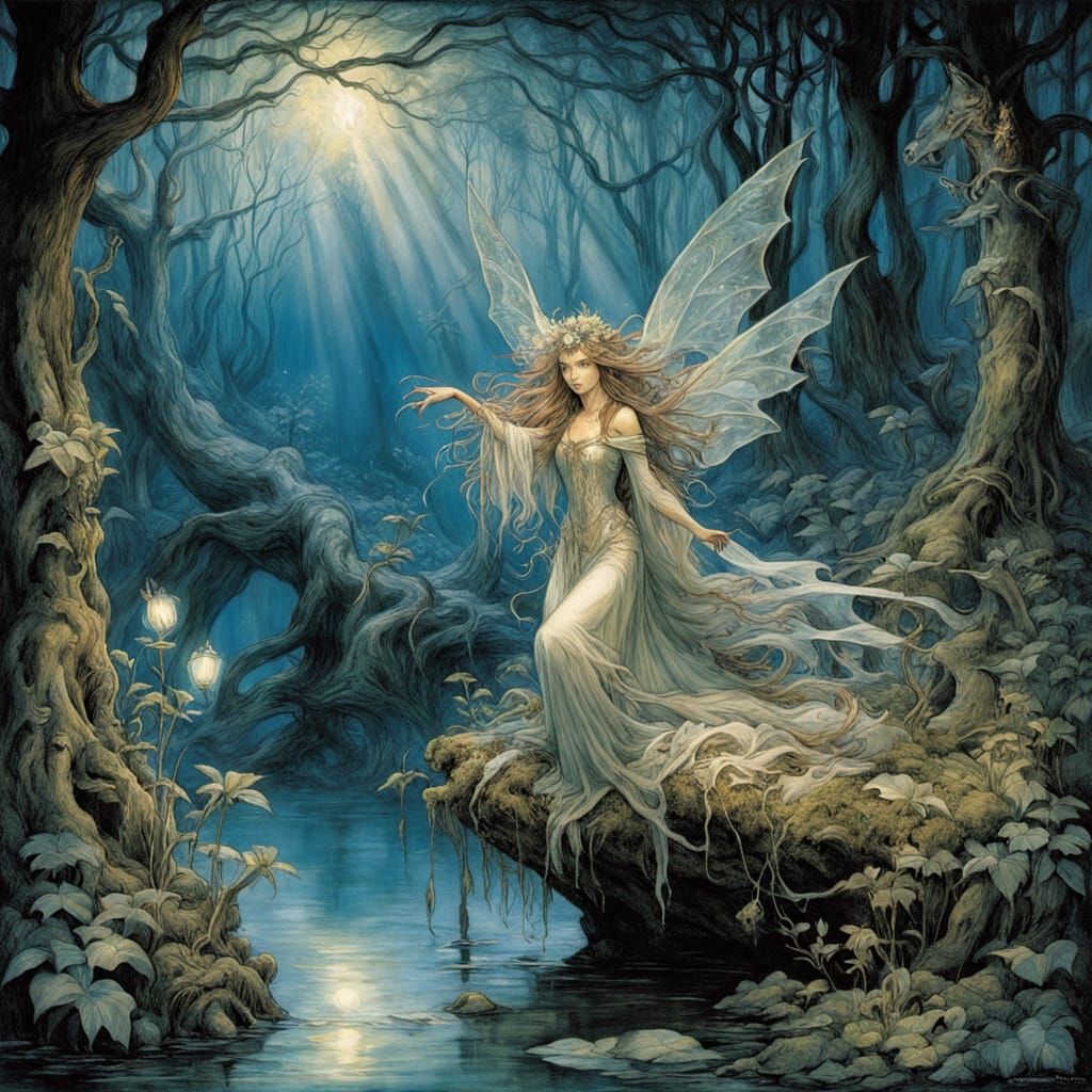 Serene Elf Forest with Starry Lake, Classic Fantasy Art