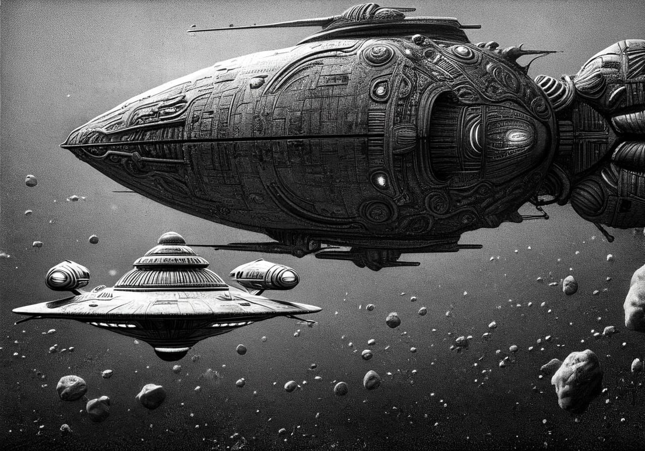Vintage Sci-Fi Spaceships in Pointillist Film Noir Style