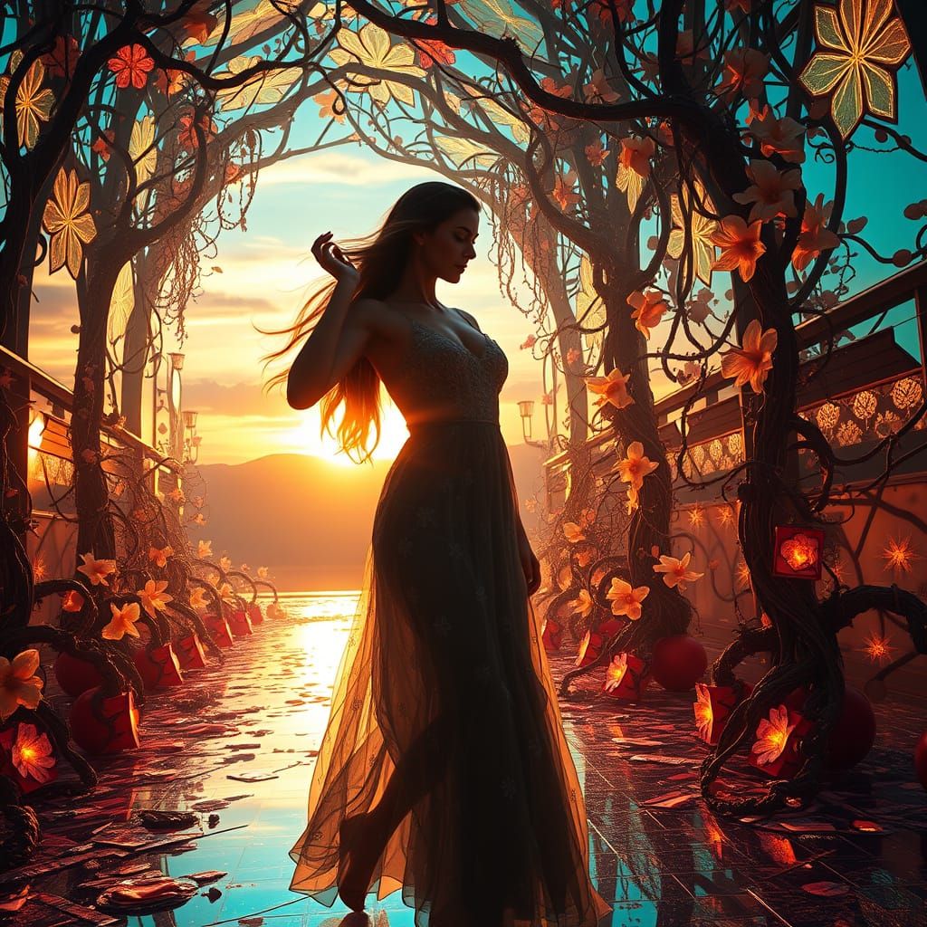 Golden Goddess Weaves Labyrinthine Dreams in Vibrant Sunset ...