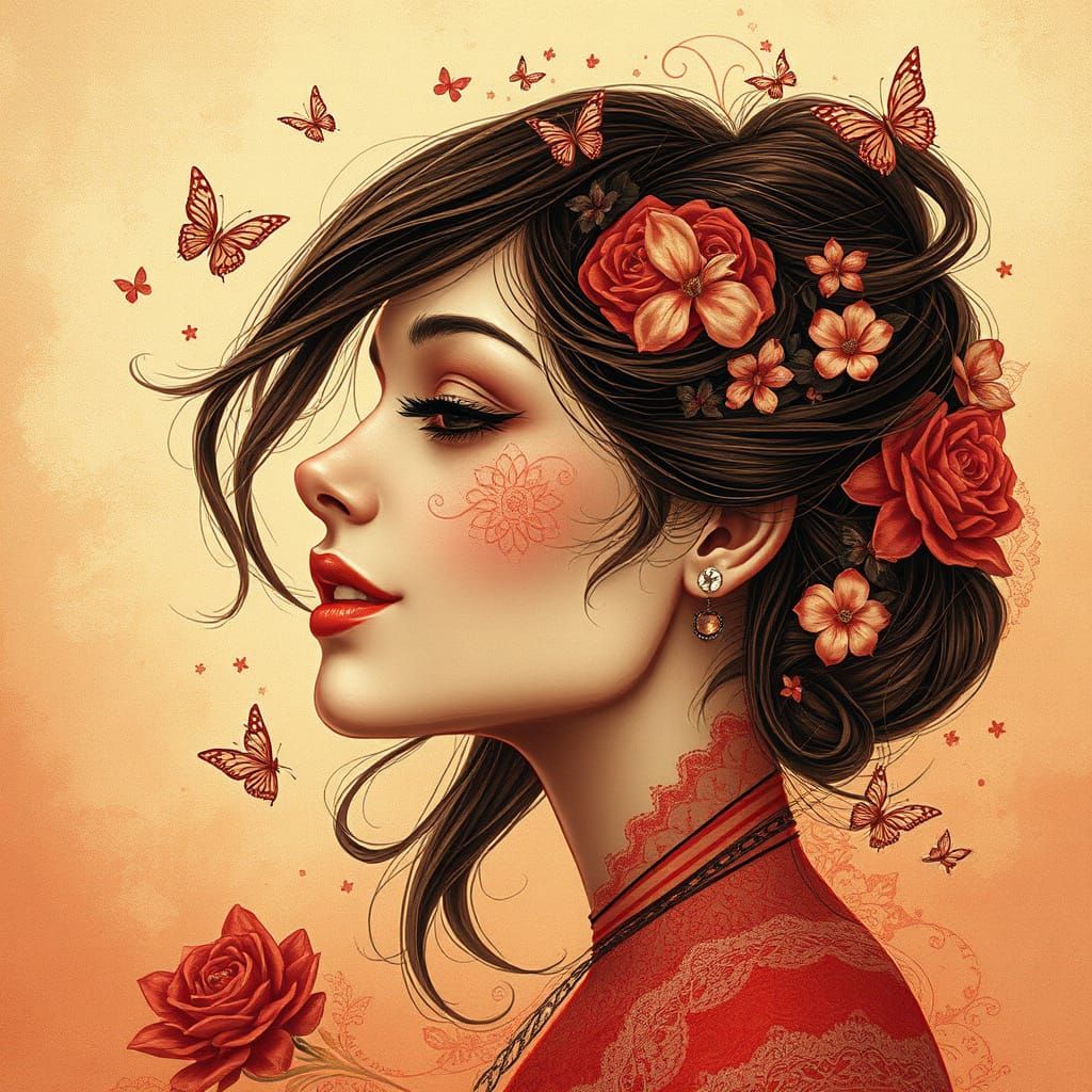 Ethereal Woman in Art Nouveau-Inspired Portrait with Floral ...