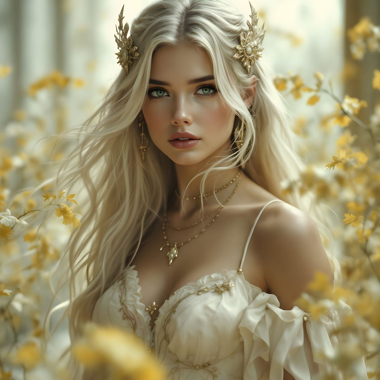 Norse Goddess of Love in Goldenrod Ethereal Fantasy Scene