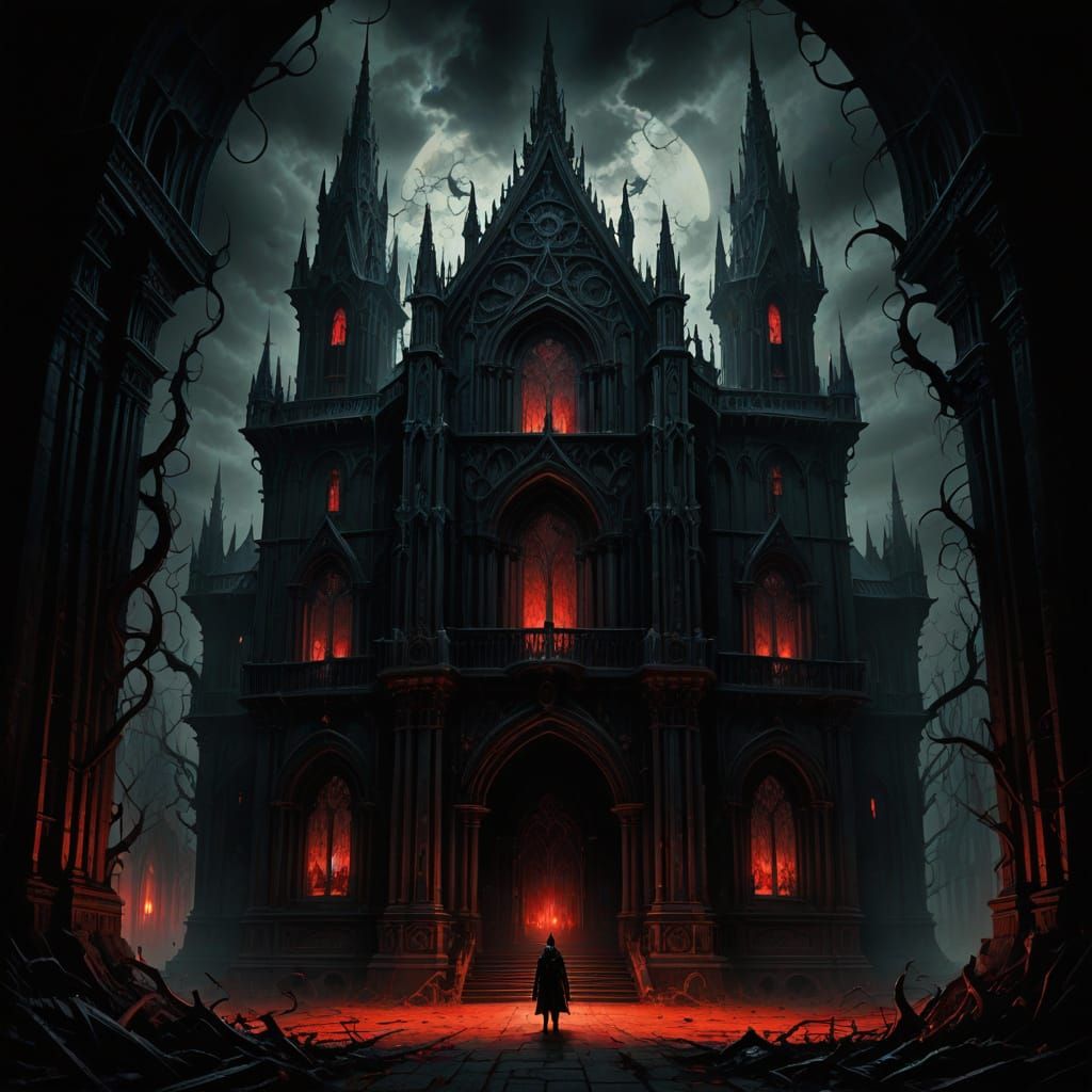 Dark Fantasy Figure Emerges from Shadows in Gothic Architect...