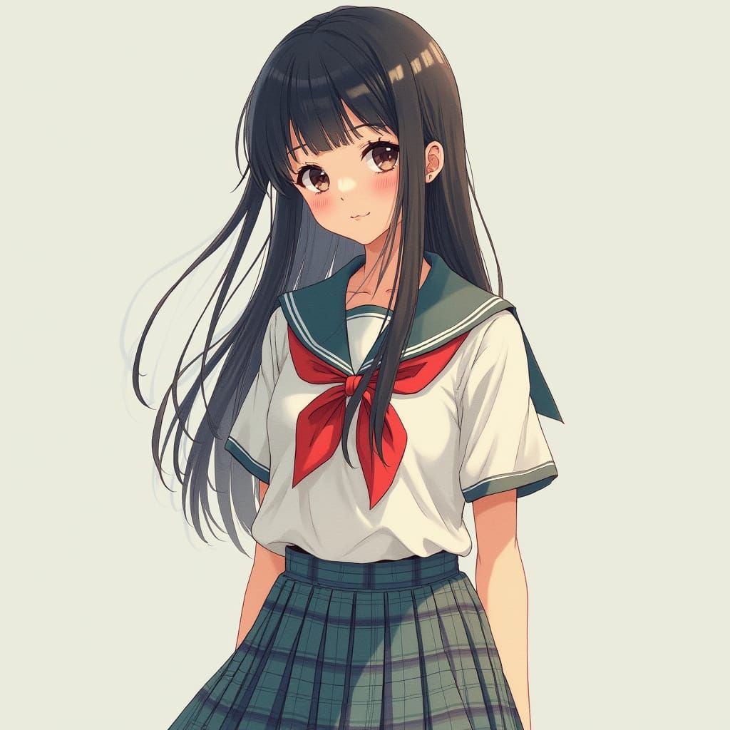 Japanese Schoolgirl in Elegant Sailor Fuku with Vibrant Red ...