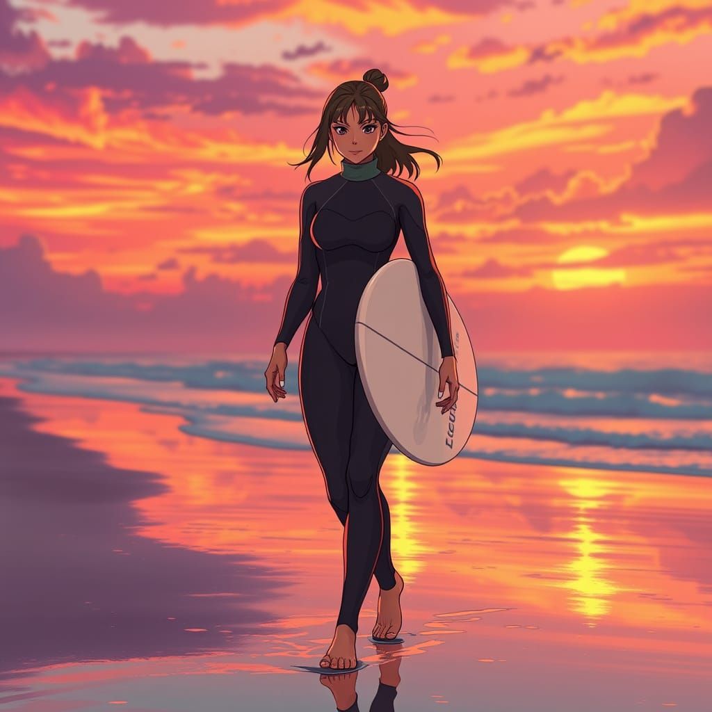 Determined Surfer Walks the Beach at Sunset in Manga Style