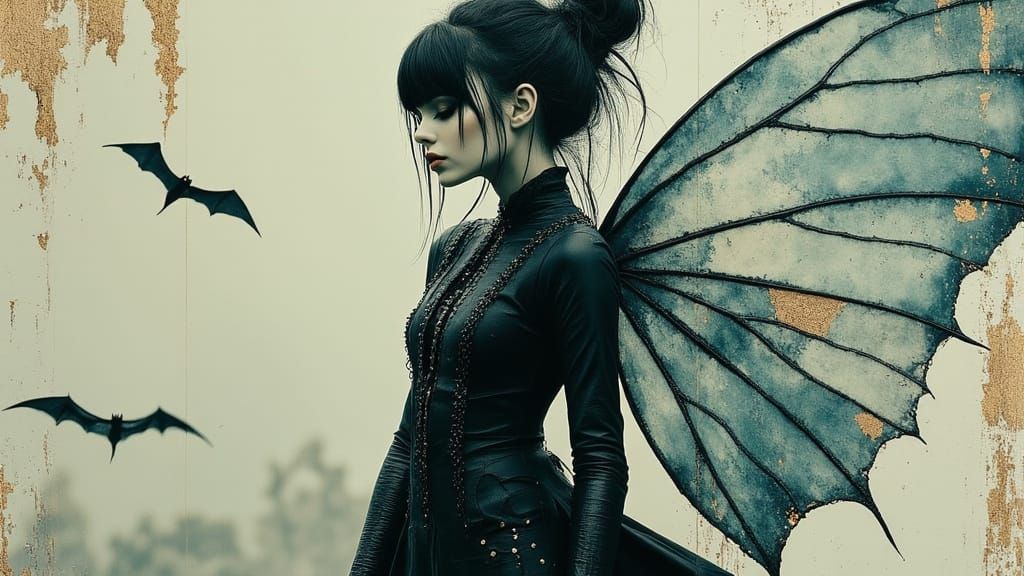 Grungy Punk Fairy with Bat Wings in Mixed Media Style