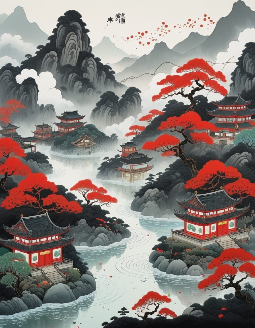 Dreamy Mountainscape in Traditional Ink Art Style