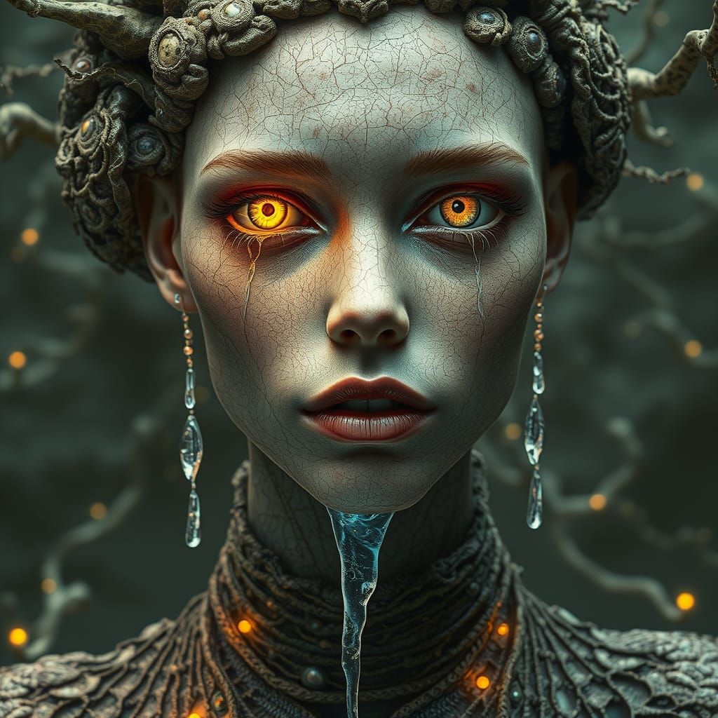 Transhumanist Woman at Mycelium Nexus in Cosmic Surrealism