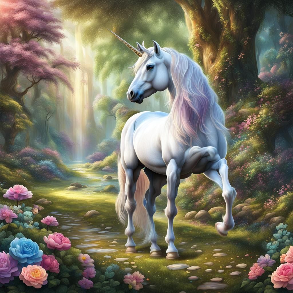 Realistic Unicorn in Fairyland Scene