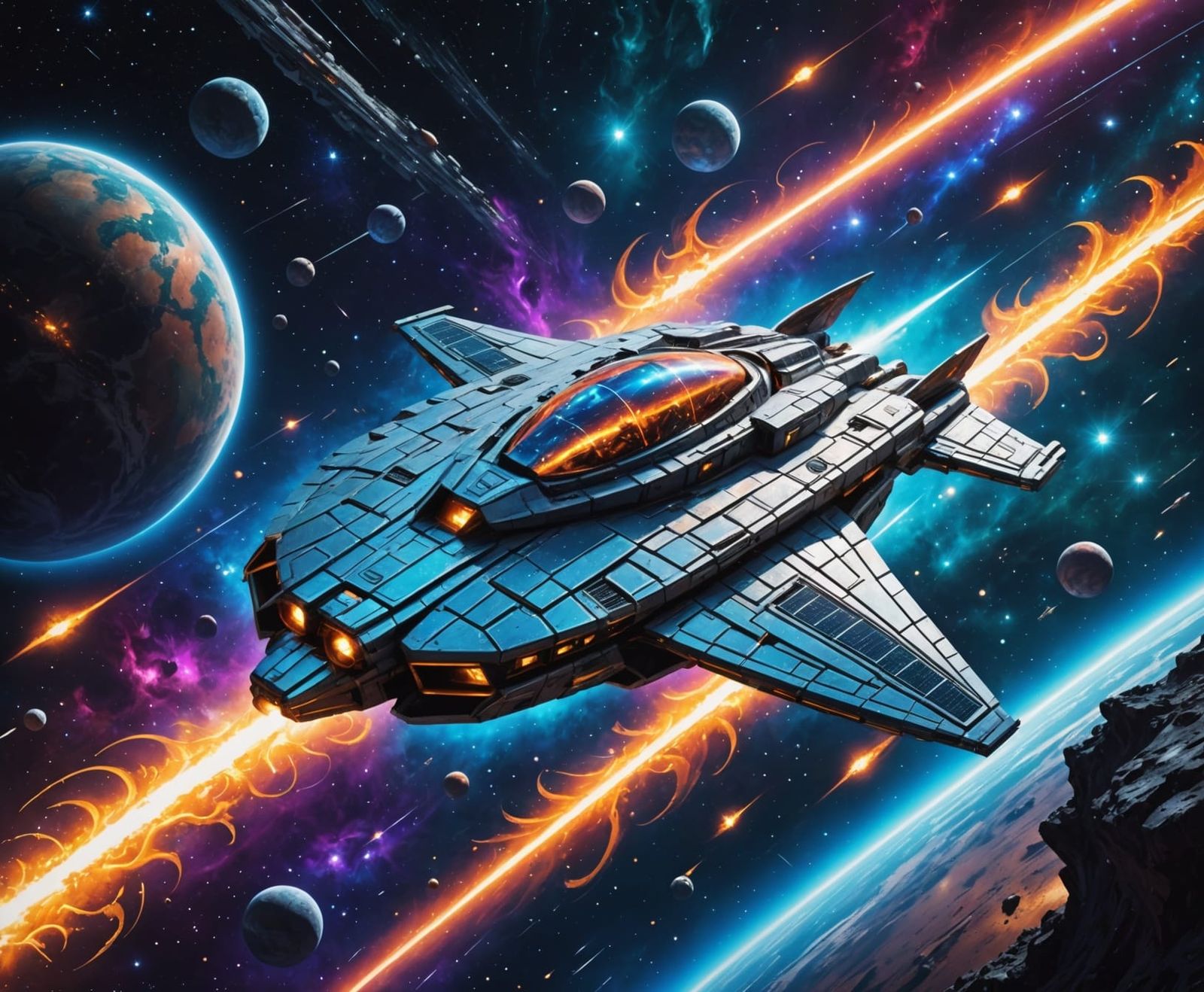 Galactic Spaceship Blazes Through Cosmic Vastness in Vibrant...