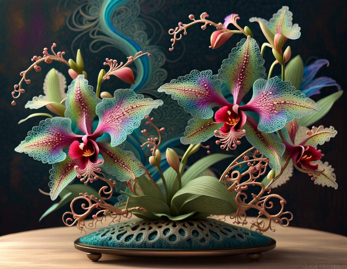 Lizards Kissing Orchids in Photorealistic Ikebana