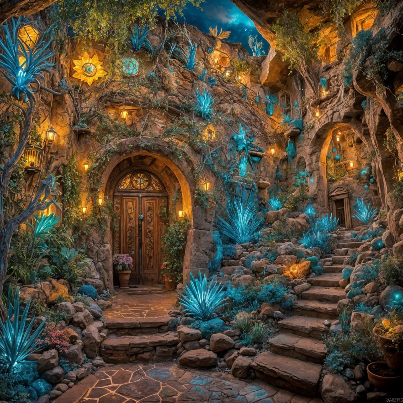 Bioluminescent Santa Fe Architecture, Vibrant Glowing Art