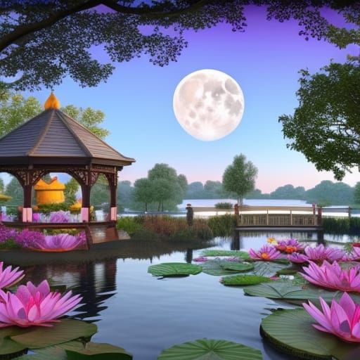 Moonlit Gazebo by Pond with Lotus Flowers