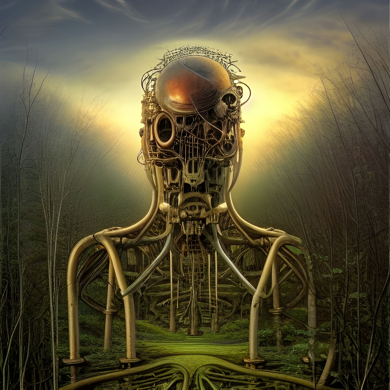Surreal Mechanical Face with Landscape Interior