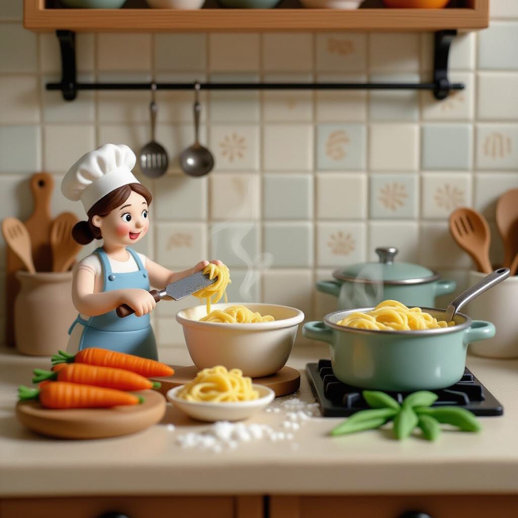 Miniature Clay Kitchen Scene with Pasta Dish