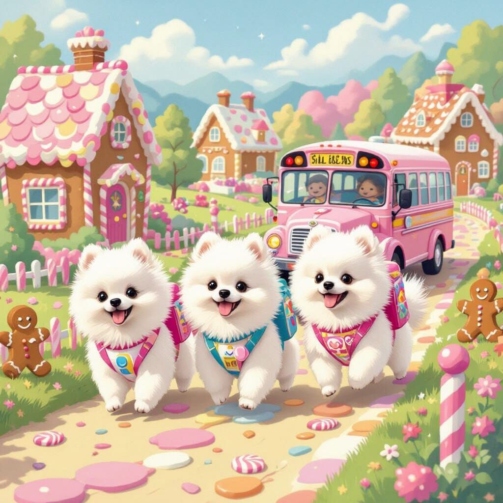 Pomeranians Chase School Bus Through Candy Land