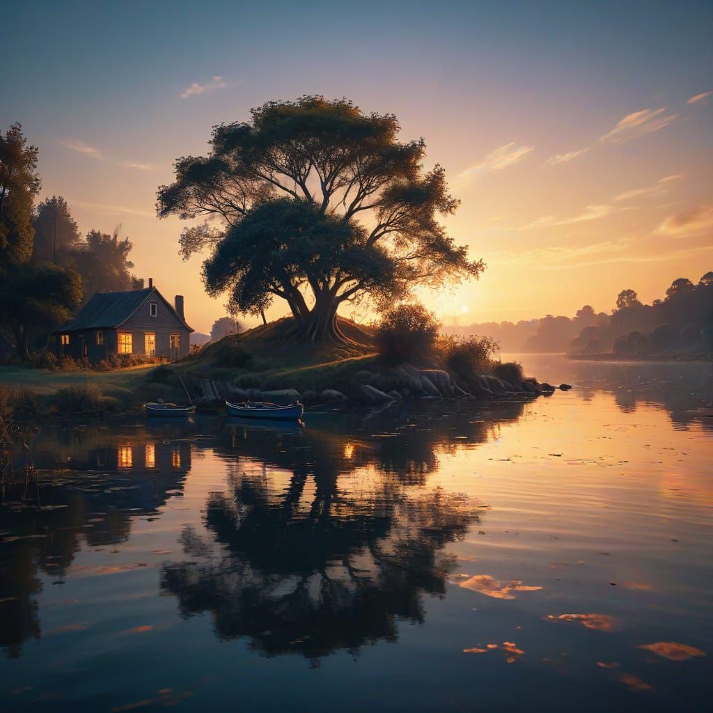 Dreamy Nightscape with Illuminated House and Silhouetted Tre...