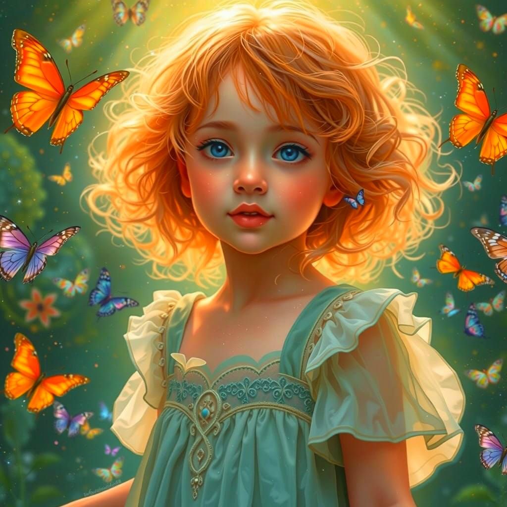 A Joyful Child Surrounded by Vibrant Butterflies