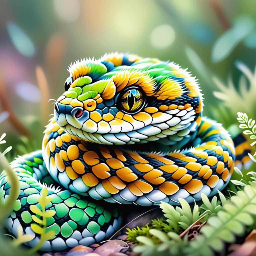 Furry Baby Snake Portrait in Watercolor Style