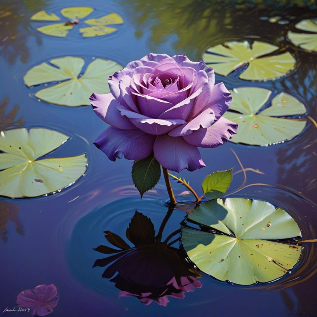 Purple Rose Floating on Pond: Impressionistic Style