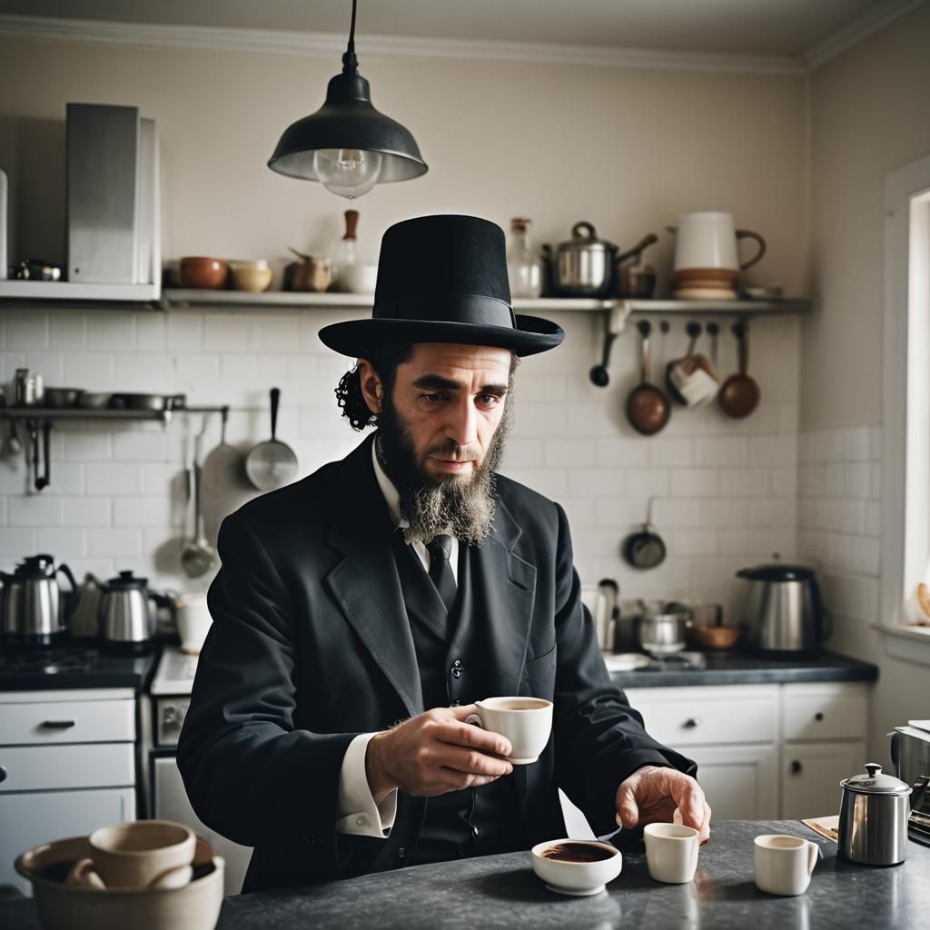 Hasidic Man Makes Coffee: Documentary Portrait Photography