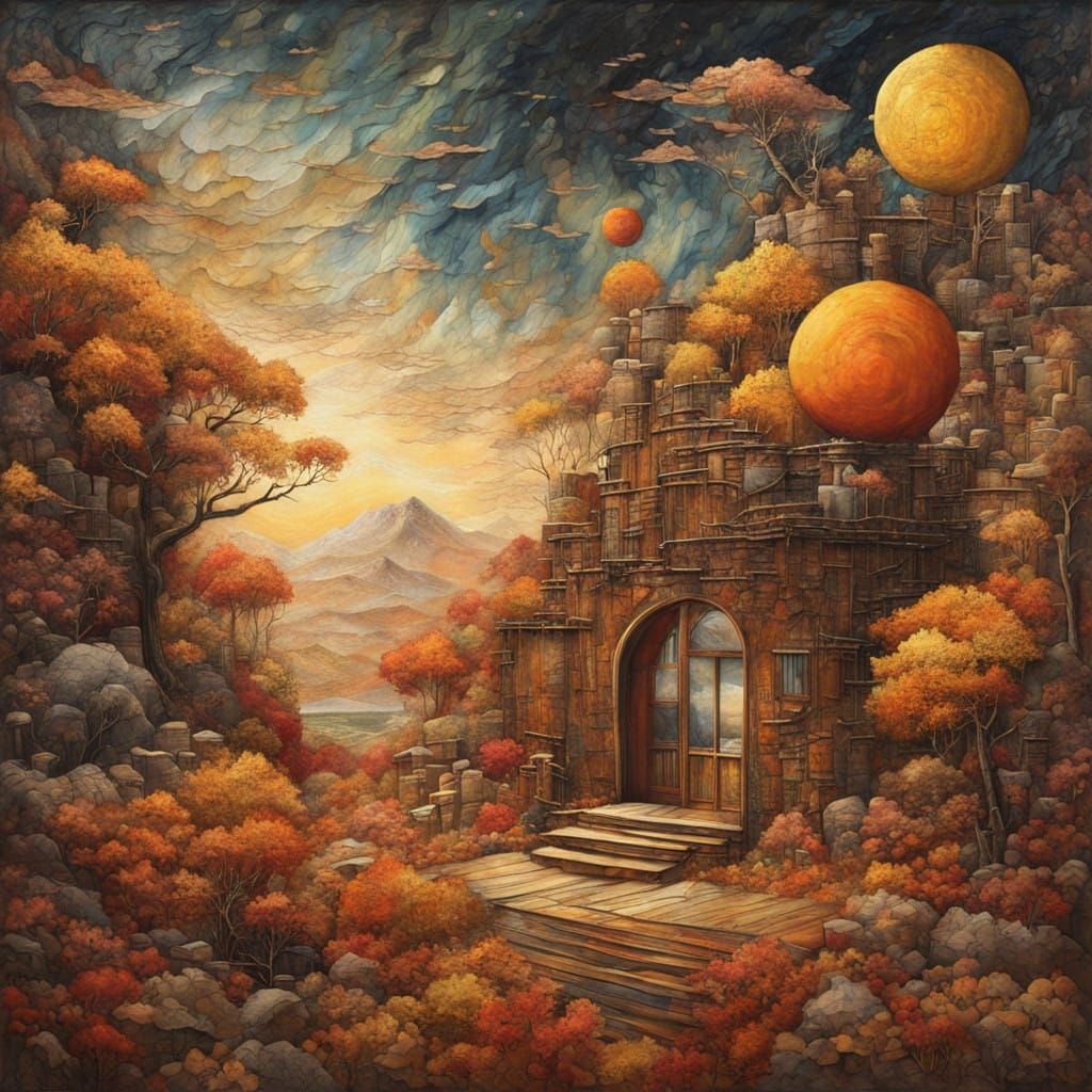 Wonderful Fall Sunrise in Vibrant Mixed Media Collage