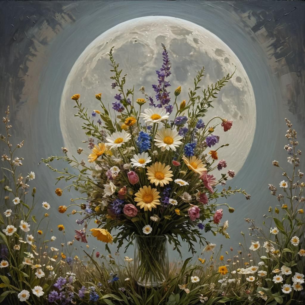 Wildflowers and Moon in Romantic Impasto Style