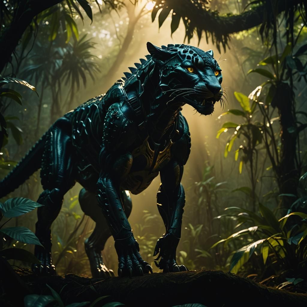 A xenomorph jaguar hybrid, fullbody shot, Cinematic film sti...