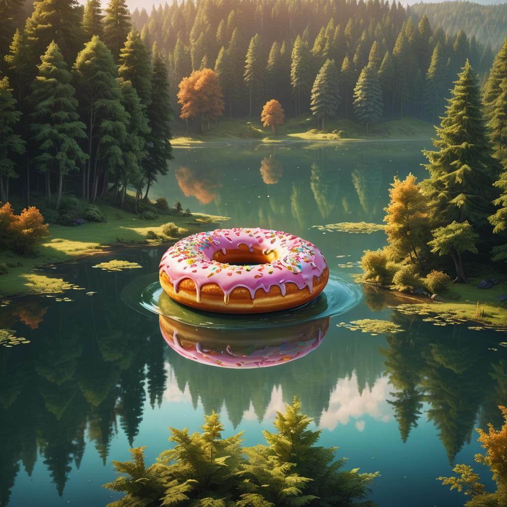 Giant Donut Floats Above Lake: Surreal Oil Painting