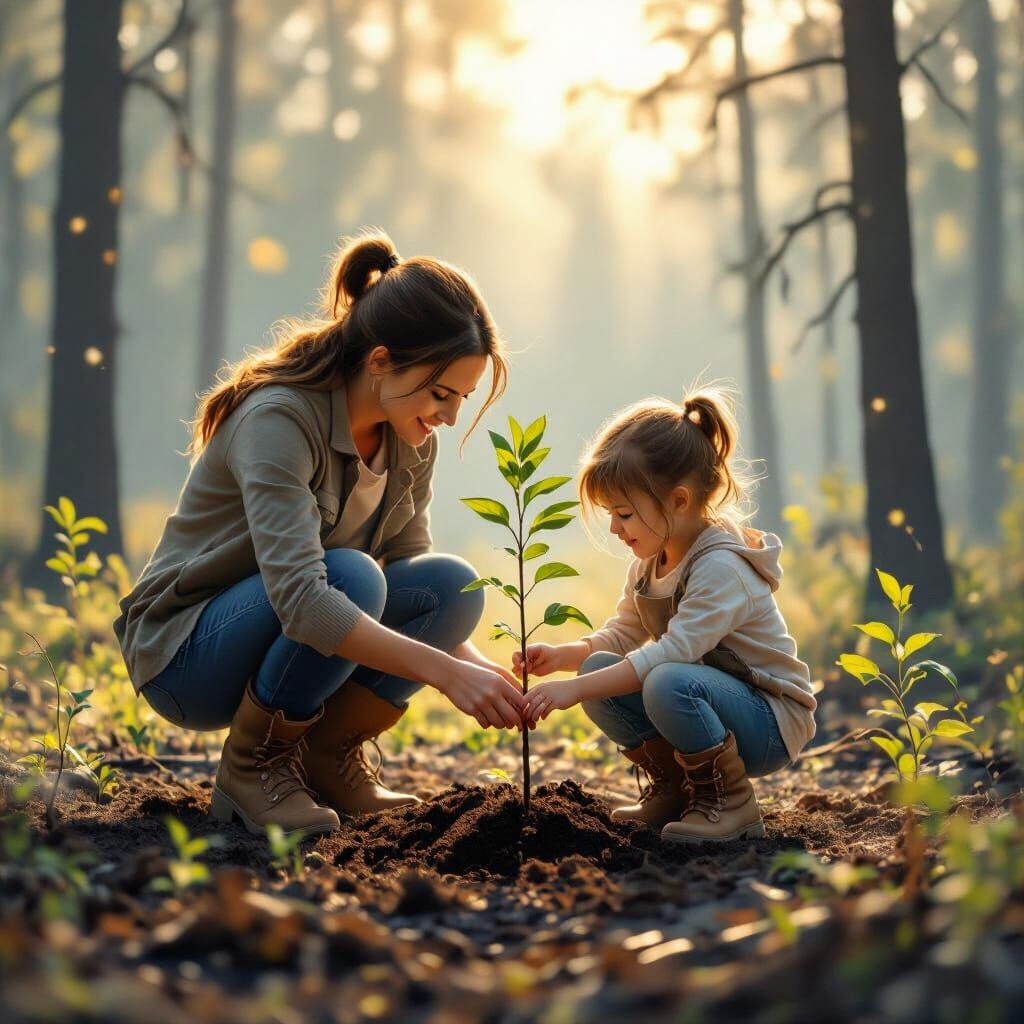 Mother Daughter Planting Tree in Post-Fire Forest