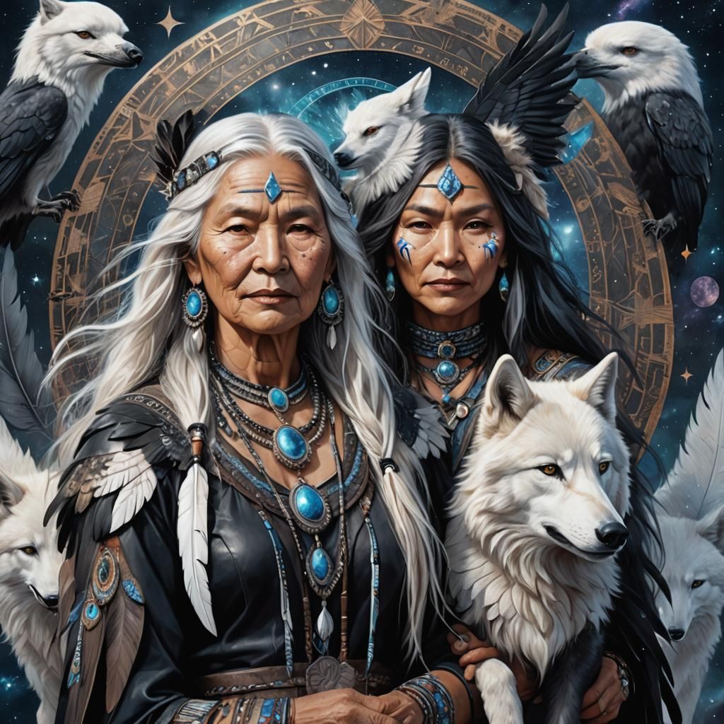 A beautiful old chubby native american woman with long greyw...