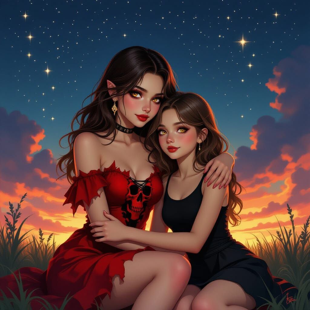 Vampire Girl Embraces Human Under Starry Night Sky
