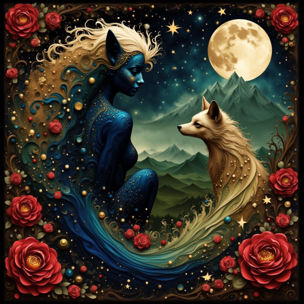 Demon Fox with Marble Tail by Moonlight in Dark Fantasy