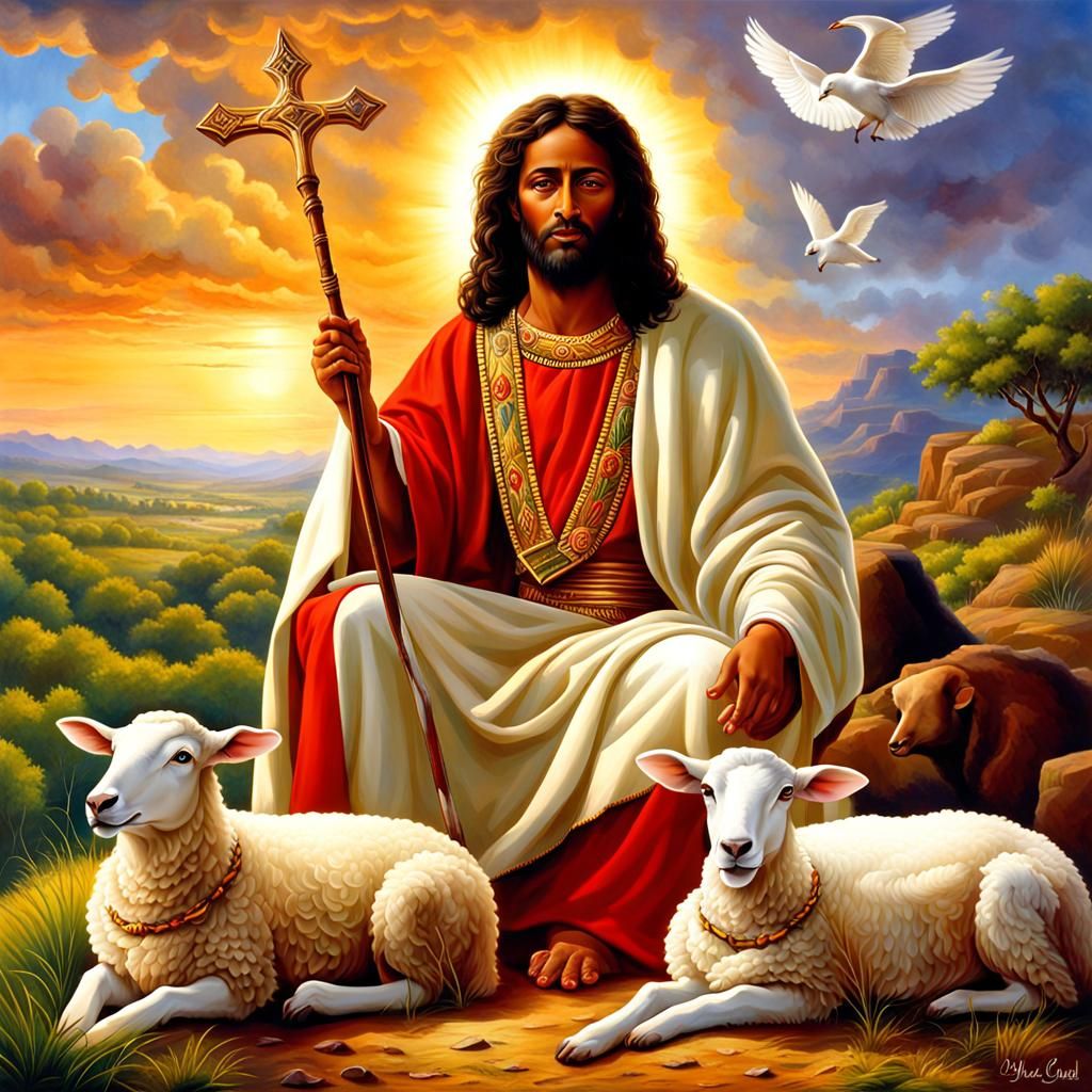 Christ as Shepherd: Religious Iconography in Vivid Colors