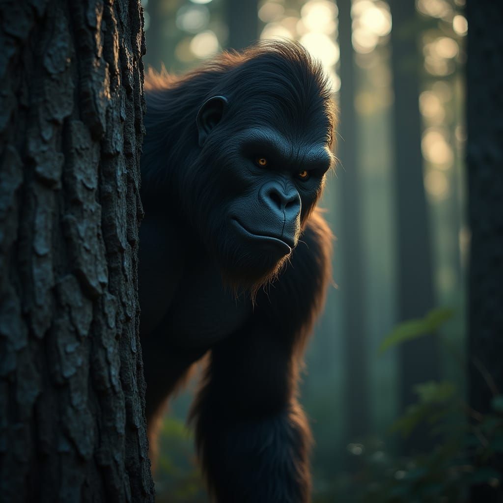 Mysterious Bigfoot Peeks from Behind Ancient Tree