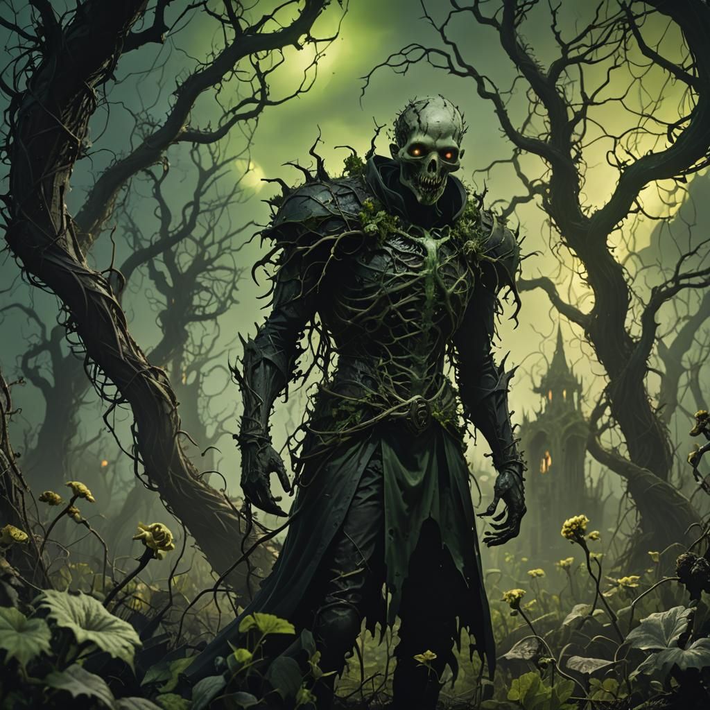 Plaguebearer in Twisted Garden: Gothic Horror Image