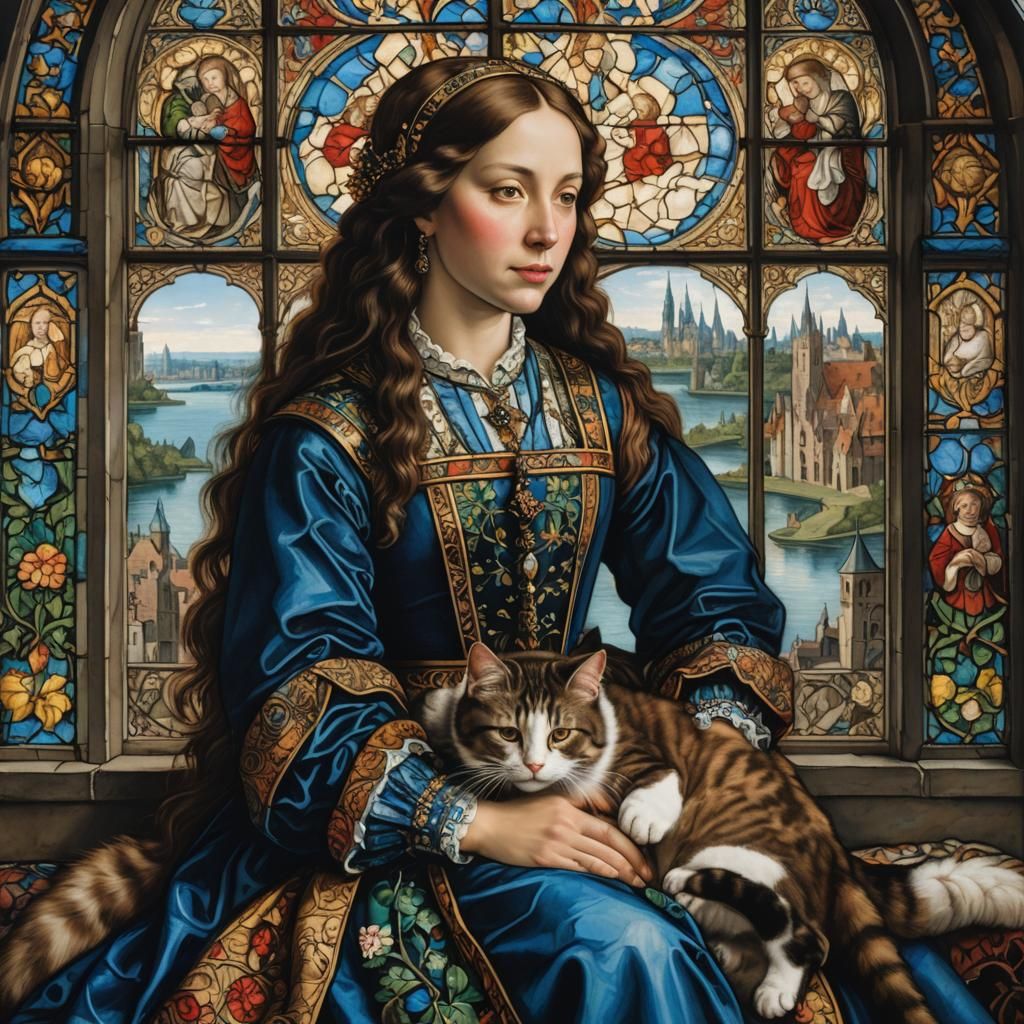 Renaissance Woman with Cat by City View